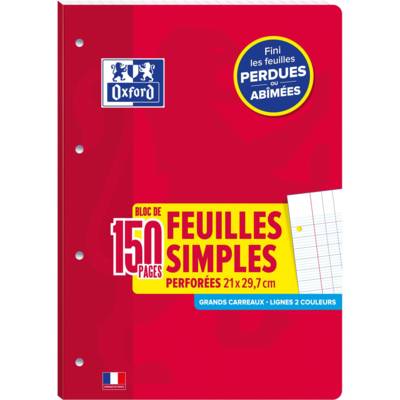 Bloc de Feuilles Simples détachable perforés A4 Grand carreaux 90g 150 pages