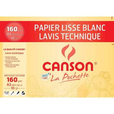 Pochette 10 Feuilles Dessin Lavis Technique lisse A3 160g Blanc