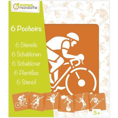 Pochette de 6 Pochoirs Enfants 15x15cm Tennis Football Cyclisme Surf Danse Ski - AVENUE MANDARINE