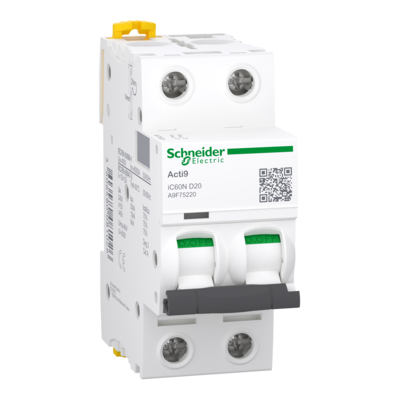 Acti9 iC60N - Disjoncteur - 2P - 20A - Courbe D - 400Vca - 6000A/10kA - SCHNEIDER ELECTRIC - A9F75220
