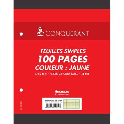 Feuillets mobiles jaune 17x 22 cm, 80g 100 pages grands carreaux - CONQUÉRANT