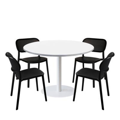 Lot table Ø120cm & 4 chaises - pied blanc plateau blanc chants inox - intérieur - RestooTab