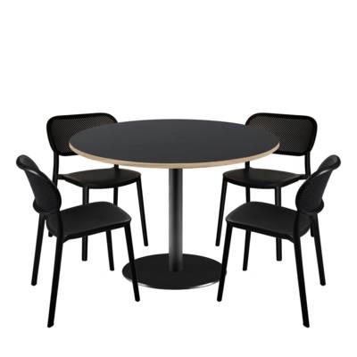 Lot table Ø120cm & 4 chaises - pied noir plateau noir avec chants bois - intérieur - RestooTab