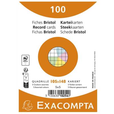 Paquet de 100 fiches Bristol quadrillé 5x5 non perforé 105x148mm - Assorties