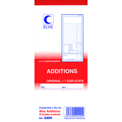 Bloc Manifold ADDITIONS numérotés 235 x 102 mm 50 Feuillets Dupli