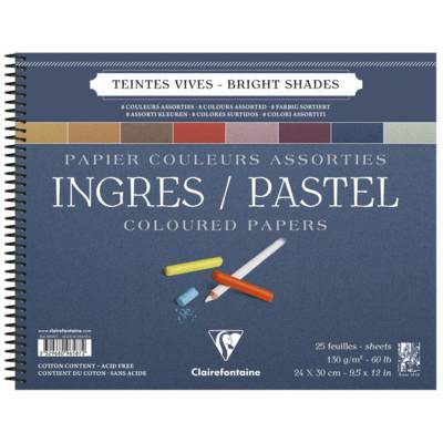 Bloc 25 feuilles papier Ingres spirale 24x30 130g couleurs vives assorties