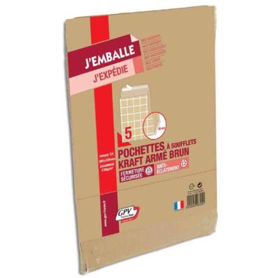 Paquet de 5 sacs à soufflets kraft armé brun 24 260x330 130g bande de protection - GPV