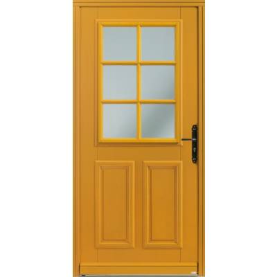Porte d'entrée bois exotique LORCA vitrée cadre petit bois lasuré dormant 45mm avec tapées pour isolation 100 mm - 215 x 90 cm - Gedimat - BELM