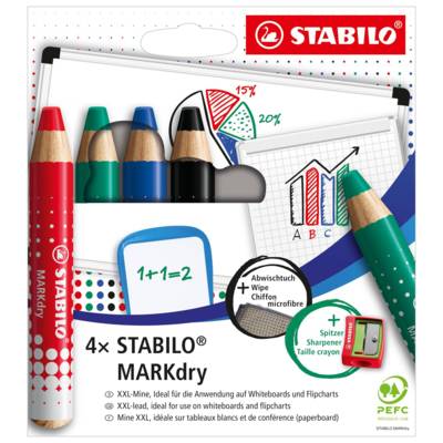 Etui carton x 4 crayons marqueurs  MARKdry + 1 taille-crayon + 1 chiffonnette