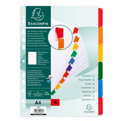 Jeu d'intercalaire 6 positions en carte blanche 170g, onglets Mylar®. Format A4.