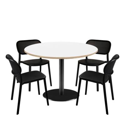 Lot table Ø120cm & 4 chaises - pied noir plateau blanc avec chants bois - intérieur - RestooTab