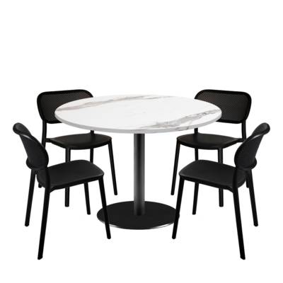 Lot table Ø120cm & 4 chaises - pied noir plateau marbre blanc - intérieur - RestooTab