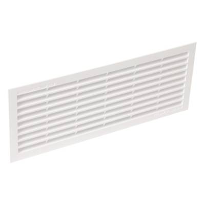 Grille d'aération rectangulaire 338 x 132 mm, à sceller ou à coller/visser, en pvc blanc, avec moustiquaire, dimension de la fixation 314 x 108 mm, section de passage d'air 200 cm2, pose intérieure ou extérieure, résistant aux uv - Gedimat
