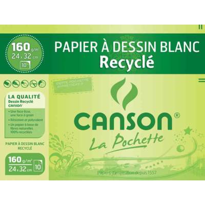 Pochette de 10 feuilles de papier dessin recyclé 160g 24x32 cm Blanc