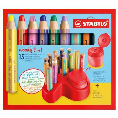 Set x 15 crayons multi-talents  woody 3 in 1 + 1 taille-crayon + 1 plateau de rangement