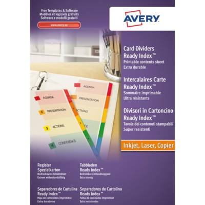 Jeu intercalaires 6 touches Ready Index™ (sommaire personnalisable) carte perforées touches assorties. Format A4+. Impression laser, jet d'encre