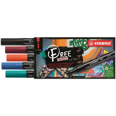 Etui carton 5 marqueurs pointe moyenne FREE acrylic T300 Set 2 "Urban" - STABILO