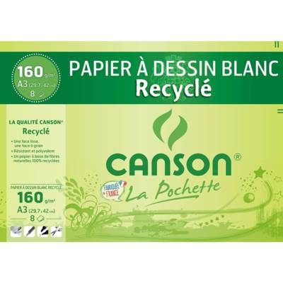 Pochette 8 feuilles papier à dessin blanc recyclé A3 160g - CANSON