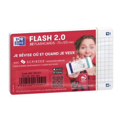Paquet de 32 Fiches Bristol flashcards 2.0 Non Perforées 75x125 mm A7 Q5/5 blanc