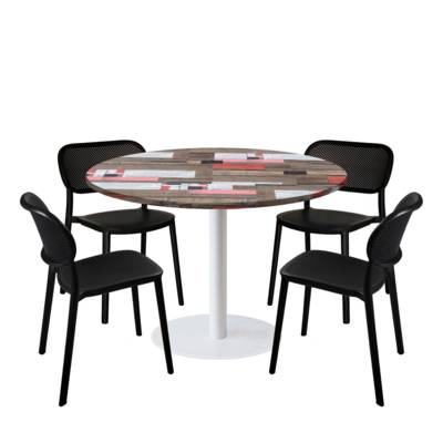 Lot table Ø120cm & 4 chaises - pied blanc plateau redden wood - intérieur - RestooTab