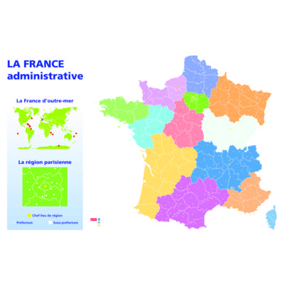 Carte muette pelliculée "France Administrative" 80 x 120 cm