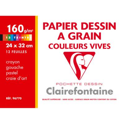 Pochette 12 feuilles Dessin à grain 160g 24x32 Vives assorties