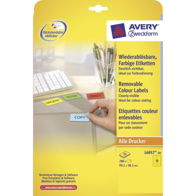 Pqt de 280 étiquettes universelles Jaunes enlevables 99,1x38,1mm sur 20 Feuilles