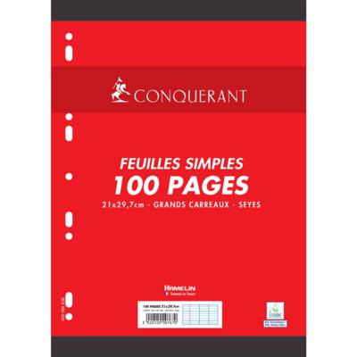 Feuillets mobiles 21x29,7 cm 100 pages grands carreaux blancs 80g - Sous étuis - CONQUÉRANT