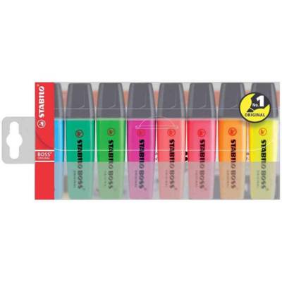 Pochette de 8 Surligneurs BOSS ORIGINAL Rechargeable Pointe Biseautée 2-5 mm - STABILO