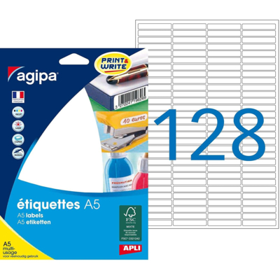 Etui de 16 feuilles A5 de 2048 étiquettes multi-usage Permanentes 6x33,5 mm Blanc - Apli-Agipa