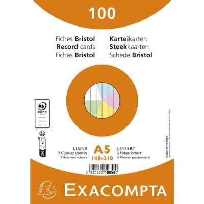 Fiches bristol, A5, ligné, assorti