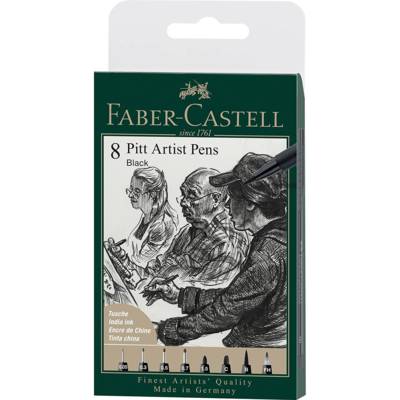 Feutre Pitt Artist Pen, boîte de 8, couleur 199 noir, XXS/S/F/M/B/C/1.5/FH - FABER-CASTELL