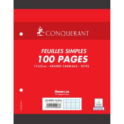Feuilles Simples 17x22cm 100 Pages 90G Grands Carreaux Sous Film Blanches - CONQUÉRANT