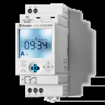 Horloge astronomique hebdomadaire digitale 1 inverseur 110 à 230V AC/DC, NFC - FINDER - 12A182300000 - AURELEC