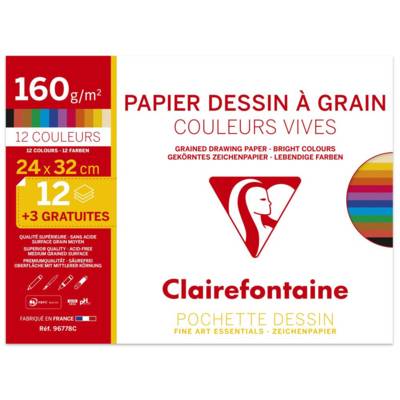 Pochette de 12 + 3 Feuilles de Papier Dessin Couleurs Vives  24x32 160g