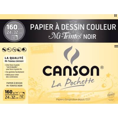 Pochette de 12 feuilles de papier à dessin Mi-Teintes 160g 320 x 240 mm noir - CANSON