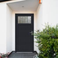 Porte de service PVC VALETTE gris anthracite 7016 dormant 60 mm avec tapées pour isolation 120 mm - 215 x 90 cm - Gedimat - EUROPEN