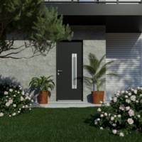 Porte d'entrée alu ODISHA gris anthracite/blanc dormant 63 mm avec tapées pour isolation 120 mm - 215 x 90 cm - Gedimat - GARDEN GATE