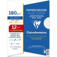 Pochette de 12 feuilles + 3 gratuites Dessin à grain 24 X 32 180 gr Blanc - CLAIREFONTAINE