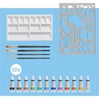 Set Peinture aquarelle - 12 tubes 5ml + palette + pinceau + pochoir