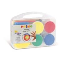 Gouache aux doigts  en pot, 4 couleurs.  Mallette multifonction,  6 pochoirs, 1 éponge,  1 rouleau en mousse,  1 pinceau géant,  1 nappe de protection. 100 g