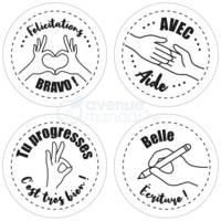 Lot de 4 tampons appréciations (Félicitations, Avec aide, Tu progresses et Belle écriture