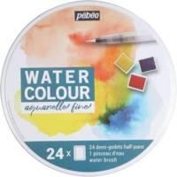 Boîte en métal de 24 demi-godets d'aquarelle fine et 1 Pinceau